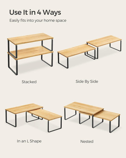 SONGMICS Cabinet Organizer Shelf, Set of 4 Kitchen Counter Shelves, Kitchen Storage, Spice Rack, Stackable, Expandable, Metal and Engineered Wood, Ink Black and Natural Beige UKCS210B01