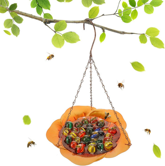 Yellow Bee Feeder with Vivid Flower Design, Anti-Rust Iron Bee Watering Station for Feeding,Colorful Butterfly Bath Bowl Bee Cups with 30 Glass Marbles for Feeding Butterfly Bath Bowl with