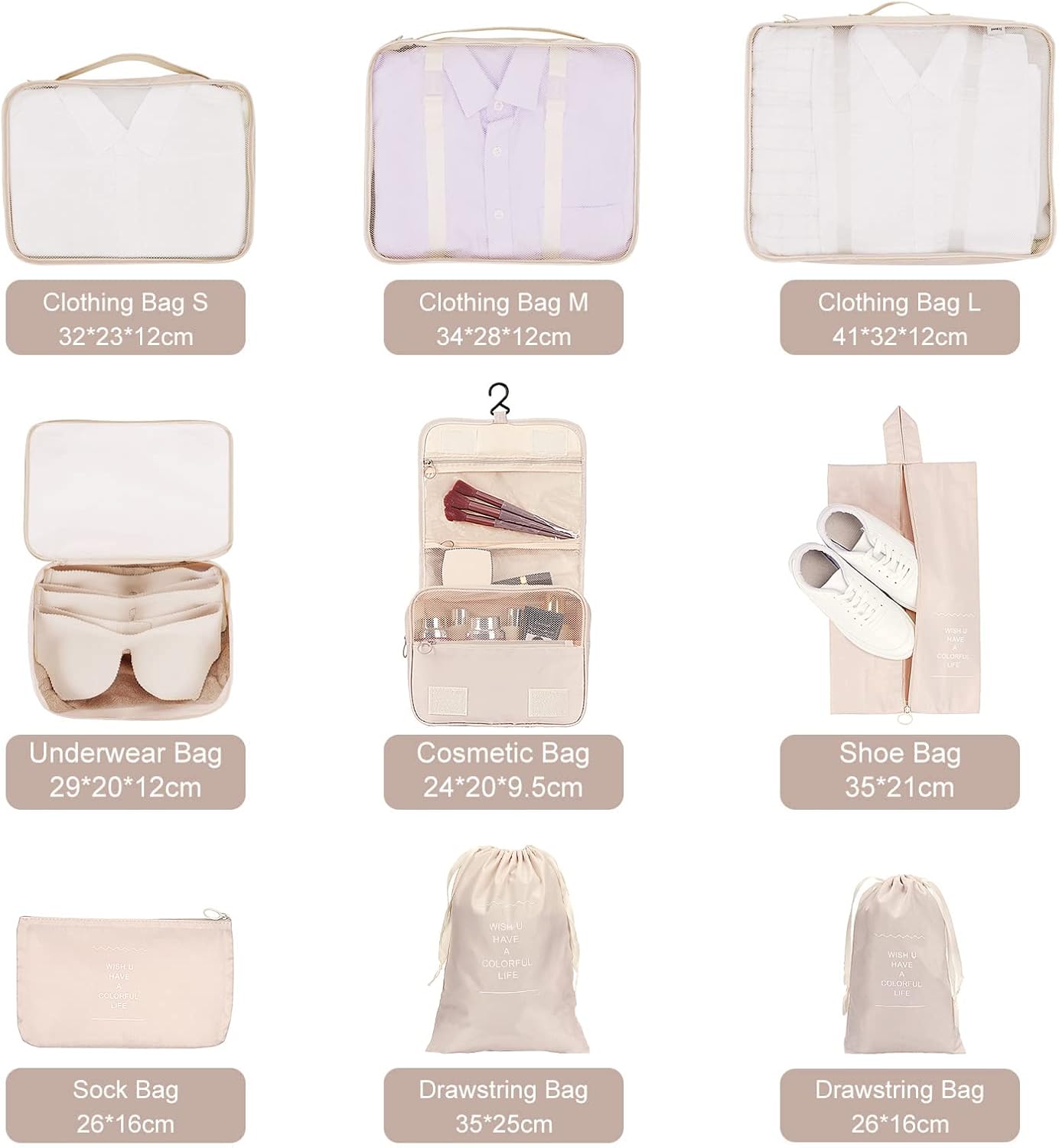 TAMOWA Organizer Suitcases Set of 9, Travel Cube Packing Cubes, Cosmetics Clothing Underwear Footwear Organizers Sacks Storage Suitcase Set, beige, L