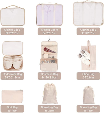 TAMOWA Organizer Suitcases Set of 9, Travel Cube Packing Cubes, Cosmetics Clothing Underwear Footwear Organizers Sacks Storage Suitcase Set, beige, L