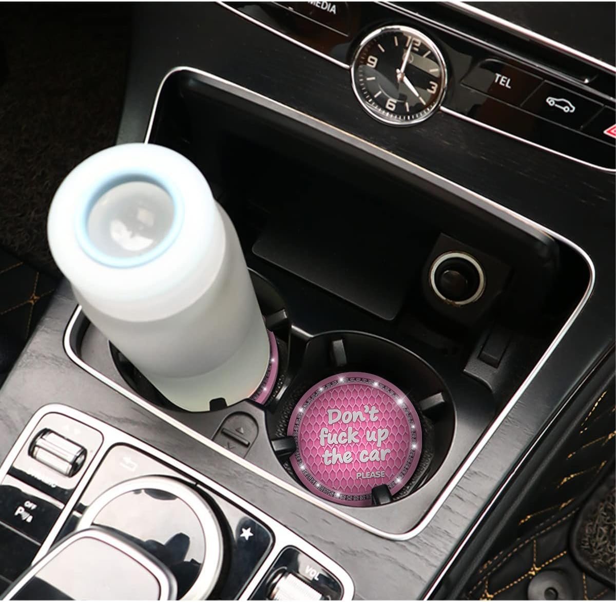 2 Pack Bling Car Coasters for Cup Holder, Crystal Rhinestone 2.75 in Cup Holder Coaster, Silicone Anti-Slip Insert Cup Mats for Women, Interior Accessories Universal for Most Cars (Pink)