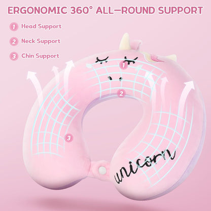 Kids Travel Pillow,Unicorn Toddler Neck Pillow for Kids Traveling with Eye Mask,U-Shaped Airplane Flight Car Head Neck Support Memory Foam Pillow for Adults,Gifts for Children,Boys,Girls (Pink)