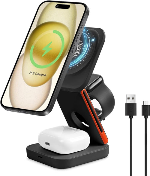 EFAITHFIX 3 in 1 Wireless Charging Station Foldable Fast Wireless Charger Magnetic Charging Stand for iPhone 15 14 13 12 Pro Max for Apple Watch 9 8 7 6 5 4 3 2 SE for AirPods 3 2 Pro (Black)
