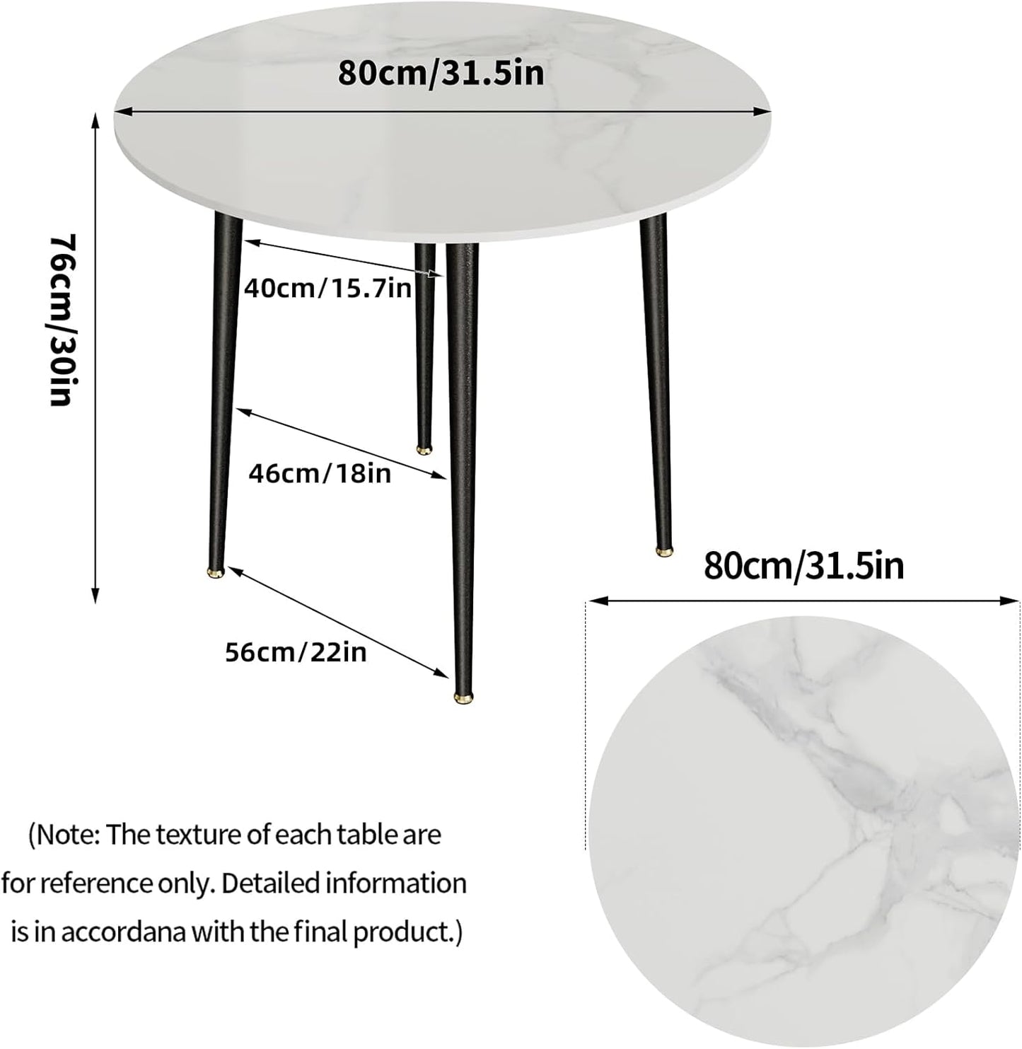 Kitchen Dining Table Marble Tabletop: Round 80cm Modern Sintered Stone High Gloss Grey Marble Top Dinner Tables 2 Seater with Tapered Metal Legs for Dining Room Coffee Shop Restaurant