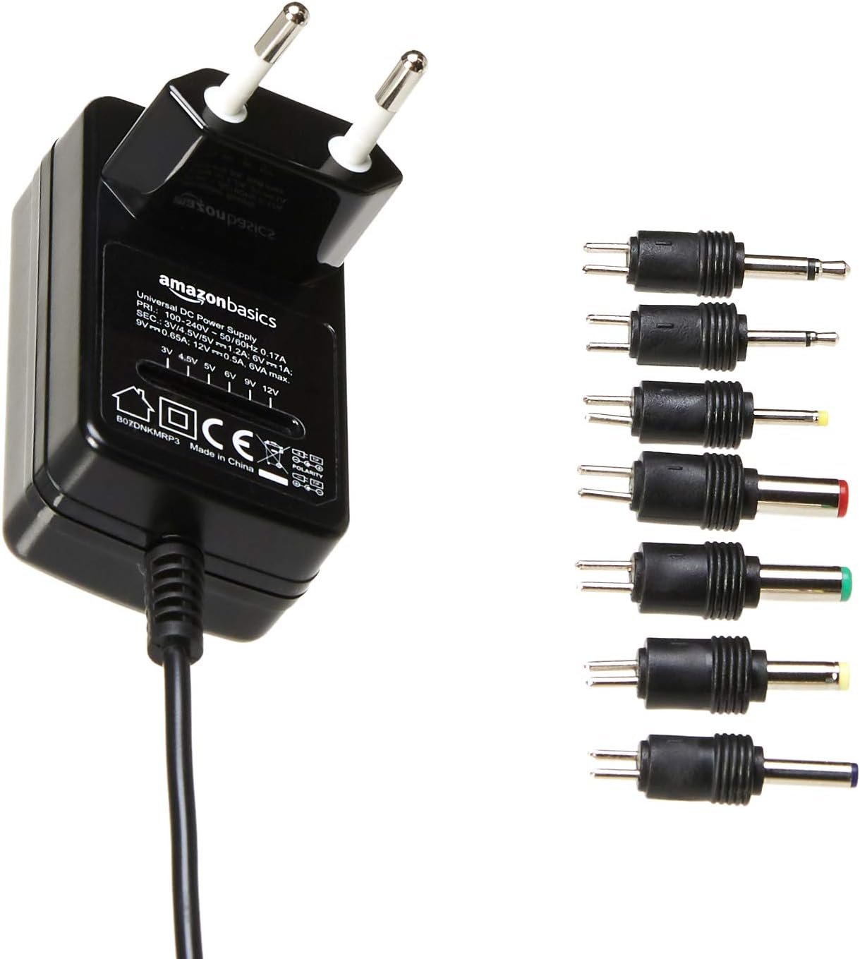 Amazon Basics Universal DC Power Adapter with 7 Removable Connectors, 3-12V, 6W, Suitable for Small Appliances, Polarity Reversible, Black