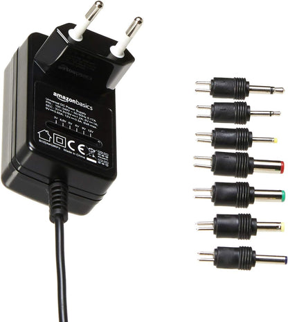 Amazon Basics Universal DC Power Adapter with 7 Removable Connectors, 3-12V, 6W, Suitable for Small Appliances, Polarity Reversible, Black