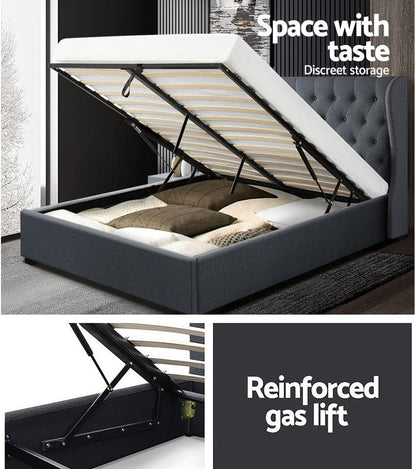 Artiss Queen Bed Frame Platform Wingback Headboard Frames Gas Lift Beds Base with Storage Space Bedroom Room Decor Home Furniture, Upholstered with Charcoal Faux Linen Fabric + Foam + Wood