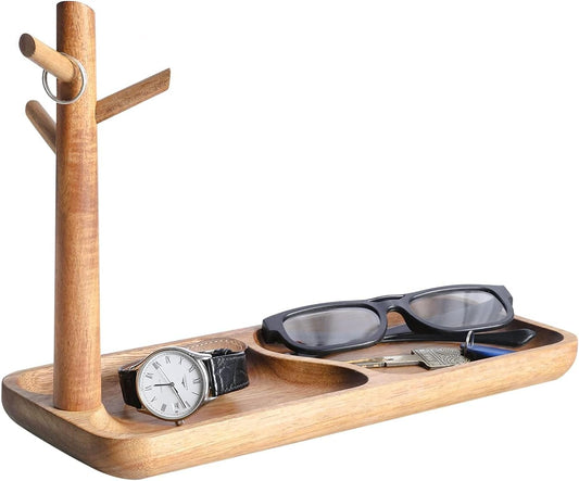Acacia Wood Key Tray for Entryway Table - Jewelry, Ring, Phone, Bracelet & Watch Organizer with 3 Hanging Stands - Modern Catchall Tray for Home Organization