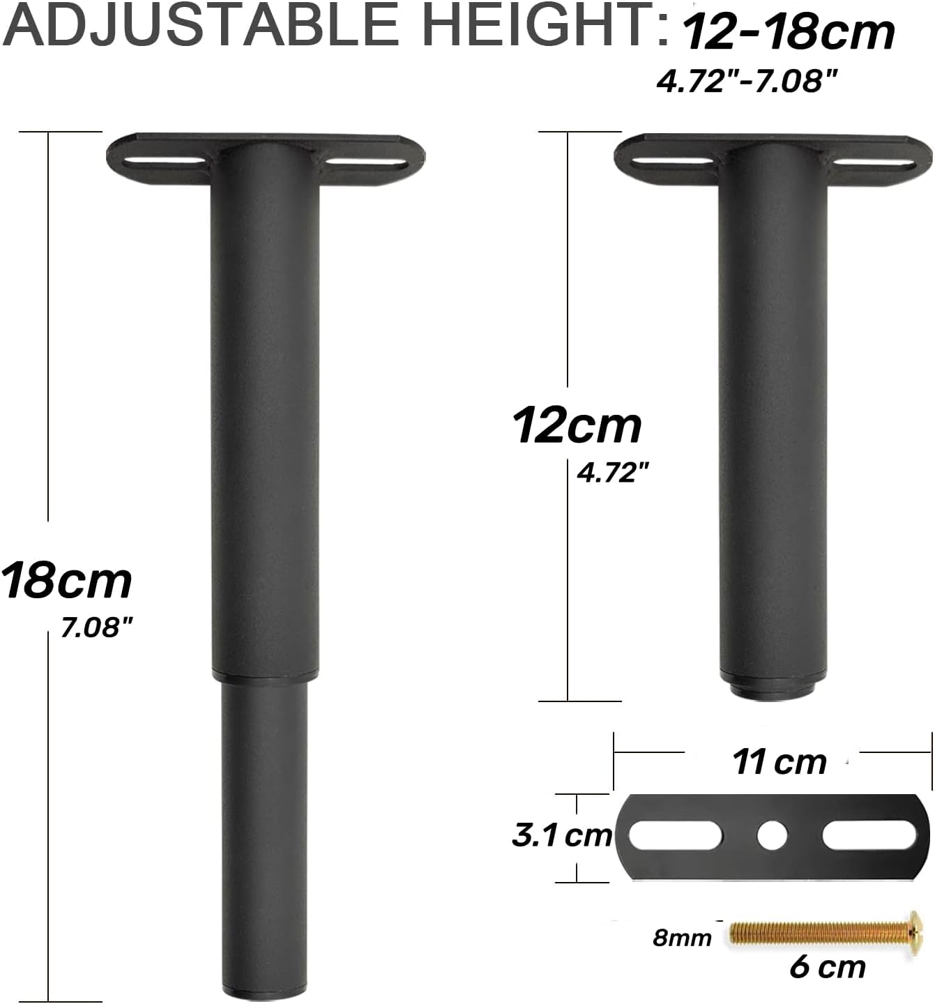 EURXLQ Adjustable Metal Bed Feet for Slatted Bases, Furniture, Sofas and TV - with Screws (Black, 4 Pieces, 12-18 cm)