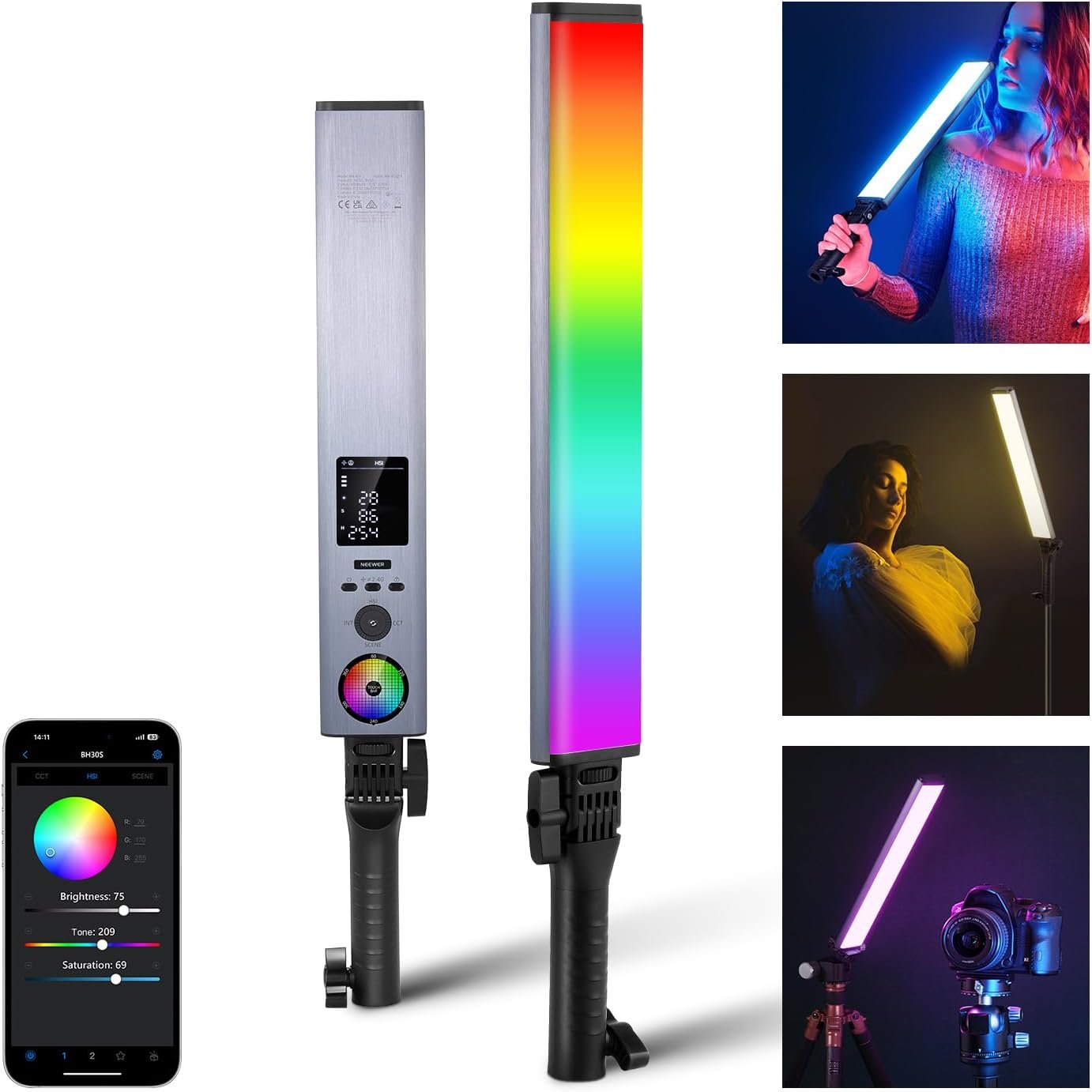 NEEWER RGB Light Wand with 2.4G/APP Control, Upgraded 360Â° Touchable RGBWW Hue Mixer Photography Handheld LED Video Lighting Stick with 2500K-10000K, CRI/TLCI97+, 18 Scenes, 7.4V/31Wh Battery, BH-30S