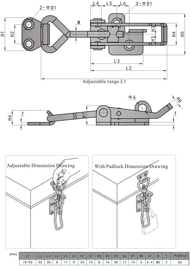 Lockable Adjustable Door Latch Buckle Cabinet Boxes Lever Handle Chest Toggle Catch Lock, 2 Pcs (1S, Range: 75-95mm)