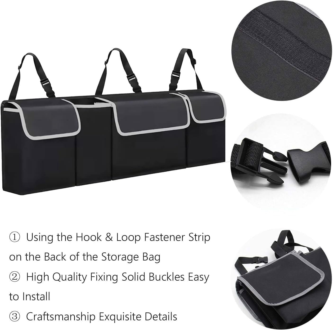 HENWUBEI Backseat Trunk Organizer - Car Hanging Organizer Foldable Seat Back Cargo Storage Space Saving Bag with Adjustable Straps Large Pockets Durable Cover for SUV Van MPV Most Vehicles Black
