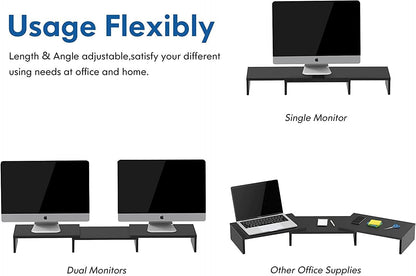 FITUEYES Dual Monitor Stand - 3 Shelf Computer Monitor Riser, Wood Desktop Stand with Adjustable Length and Angle, Desk Accessories, Office Supplies Medium Black,DT108001WB
