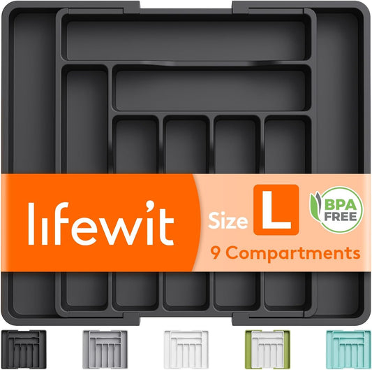 Lifewit Silverware Drawer Organizer, Expandable Utensil Organizer for Kitchen Drawers, Adjustable Cutlery and Flatware Tray, Plastic Spoons Forks Knives Holder Storage Dividers, Large, Black