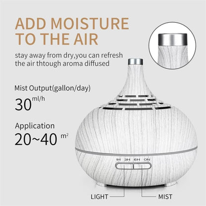 400ml Wood Grain Air Humidifier Remote Control Aroma Essential Oil Difuser Ultrasonic Cool Mist Maker Aromatherapy for Office Home Car (B)