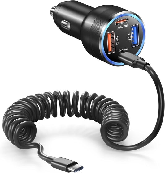 USB C Car Charger, 65W 4-Fast Port Dual 12V USB-C & USB-A Car Phone Charger PD&QC3.0 Super Fast Car Cigarette Lighter Adapter for iPhone 16 15 Pro Max Plus iPad, Samsung S24/S23 Ultra+5ft Type C Cable