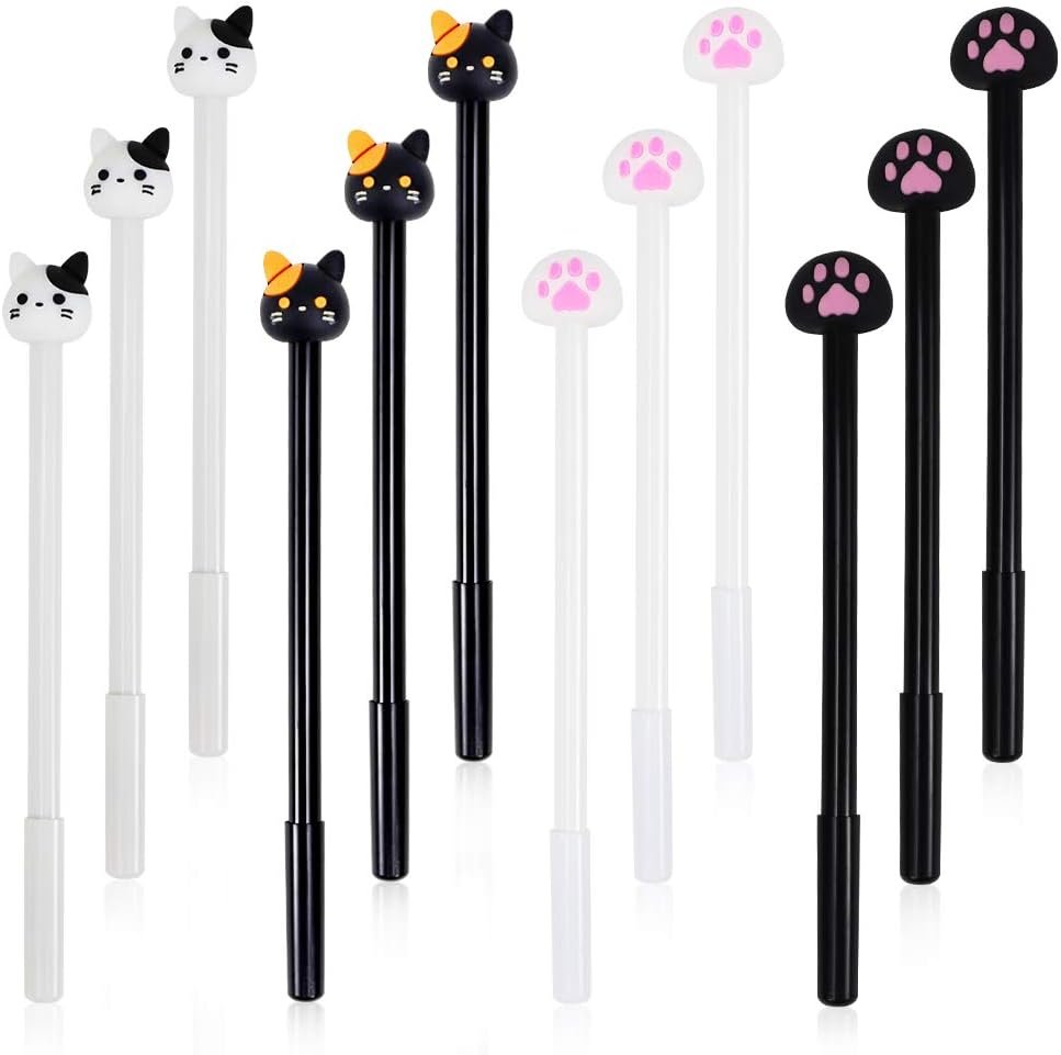 YRYUNRUI 12 Pcs Cute Pens Kawaii Pens Fun Pens, 0.5mm Cartoon Cat Black Ink Writing Gel Ballpoint Pens, Korean Japanese Stationery School Supplies for Teen Girls Women Gifts (Cat paw)