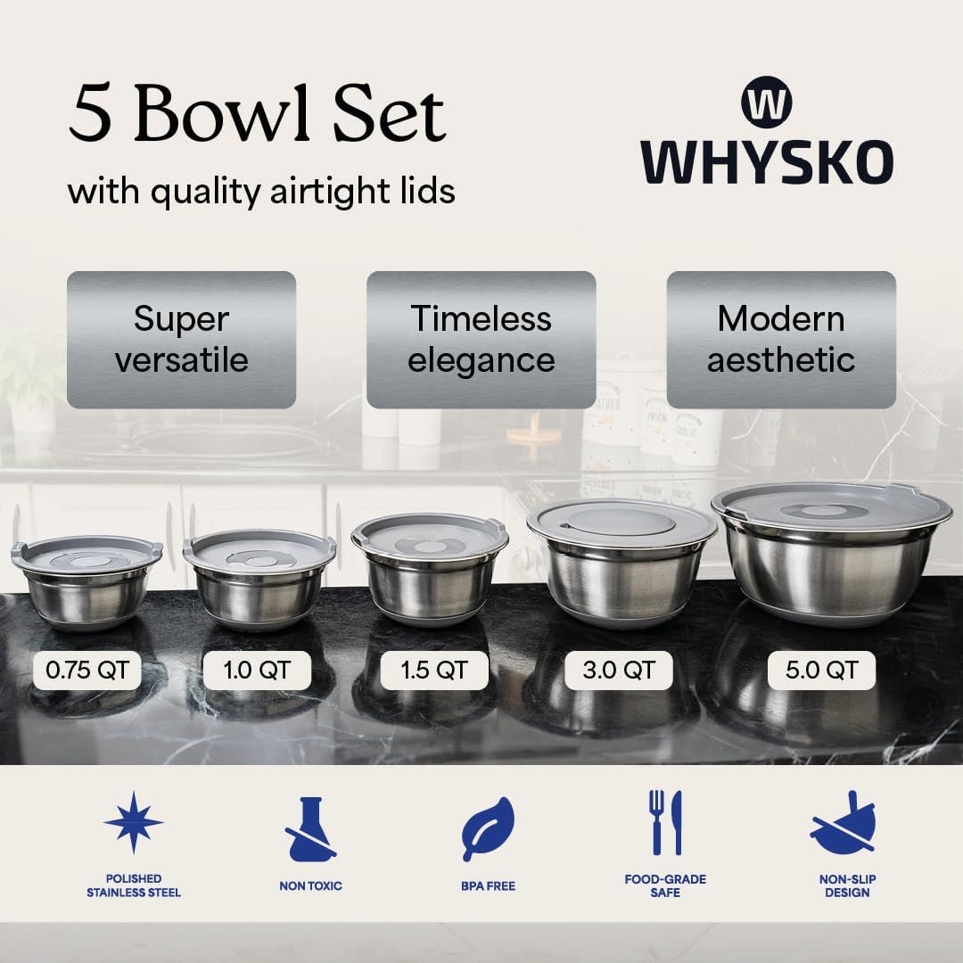 WHYSKOÂ® Stainless Steel Mixing Bowls With Lids Plus Stainless Steel Whisk, Potato Masher and Grater Lids, 5 Nesting Mixing Bowls And Kitchen Tools for Meal Prep, Cooking, Baking, Serving, Food Storage