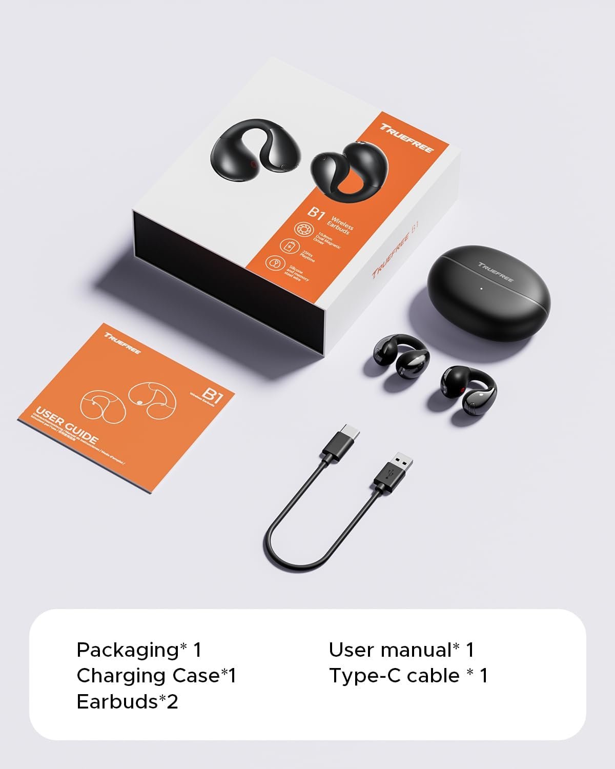 TRUEFREE B1 Open Ear Wireless Earbuds，Clip on Bluetooth 5.4 Headphones with Dynamic Bass, 4 Mics for Clear Calls, Dual Connection, Lightweight & Secure Fit, Ideal for Sports & Workouts, APP Control