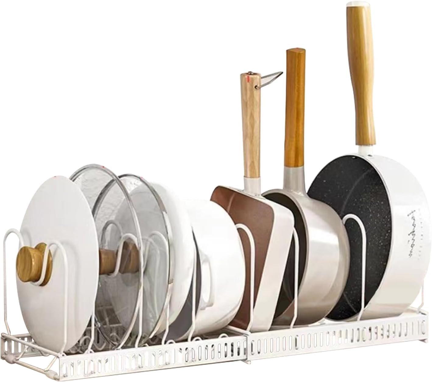 YYBD Pots and Pans Organizer Expandable Pot Rack Organizer Holder with 10 Adjustable Compartment Kitchen Cabinet Cookware Storage Rack for Cutting Board Cast-iron Pan Baking Frying Bakeware, White
