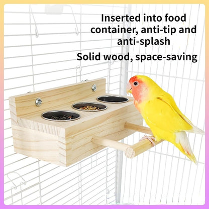 Bird Food Stainless Steel Cups Wooden Perch Stand Hanging Feeder Bowls Feeding and Watering Supplies for Parakeets Conures Cockatiels Budgie Parrot (with Three Cups)