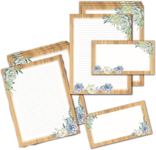 Lined Stationery Set - 50 Writing Paper and 50 Envelopes, 8.5 x 11 Inch Succulent Lines, 2 Designs Assorted Letter Writing Paper