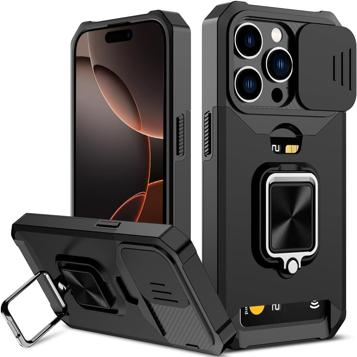 for iPhone 16 Pro Max Case with [Card Holder] and Camera Cover Built-in 360° Rotate Ring Stand Kickstand Magnetic Magnet Heavy Duty Protective Phone Cover Case for iPhone 16 Pro Max