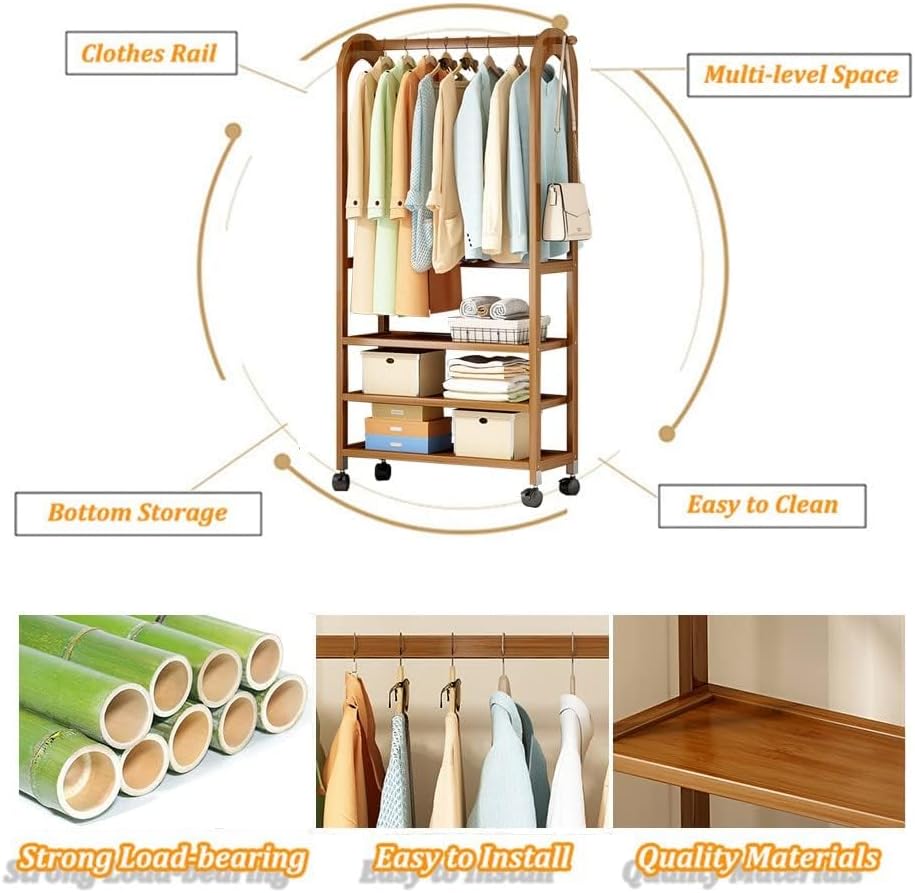Generico Robusto Appendiabiti in Legno con 4 Ruote e 3 Ripiani - Versatile Appendiabiti per Camera da Letto, Lavanderia, Showroom - Soluzione di stoccaggio Robusta e Mobile (70x28x172 cm)