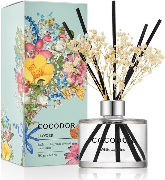 COCODOR Flower Reed Diffuser Set / 200ml / White Jasmine/Scent Diffuser with Sticks Home Fragrance Reed Diffuser for Bathroom Shelf Decor