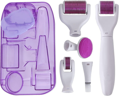 6 In 1 Derma Roller kit, Cosmetic Micro-Needling Instrument Skin Care Tool for Stretch Marks Wrinkles Acne Scars Hair Loss Regrowth with 4 Titanium Needle Heads Silicone Brush and Disinfecting Tray