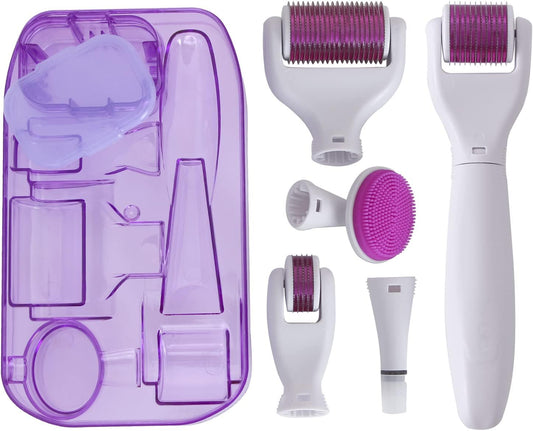 6 In 1 Derma Roller kit, Cosmetic Micro-Needling Instrument Skin Care Tool for Stretch Marks Wrinkles Acne Scars Hair Loss Regrowth with 4 Titanium Needle Heads Silicone Brush and Disinfecting Tray