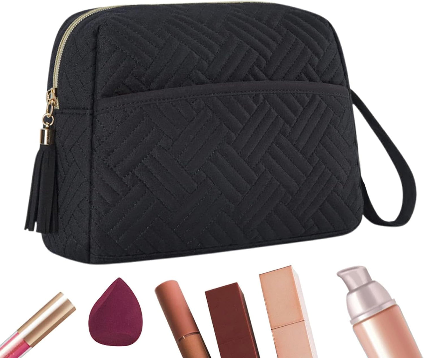 Large Capacity Makeup Bag, Waterproof Cosmetic Organizer with Strap, Travel Toiletries Pouch for Beauty Necessities, Brushes, Accessories, and Daily Use, Black, Please refer to description