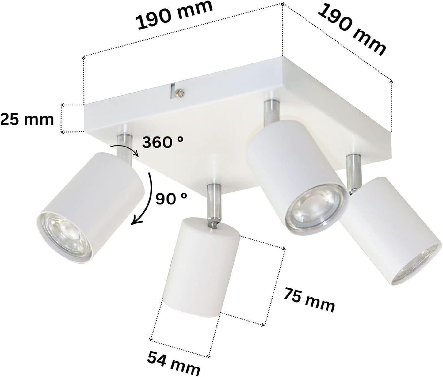 Miratic Ceiling Spotlight 4 Points of Light Base GU10 Max. 4 x 50 W Two Possible Mounting Spotlights Ceiling or Wall Spotlights IP20 White (Bulbs Not Included) (White)