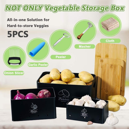 8PCS Kitchen Vegetable Storage Containers,Potato and Onion Garlic Storage Bin with Peeler,Slicer,Masher,Garlic Press & Cloth, Carbon Steel Potato Storage Box with Airflow & Wooden Lid (Black)
