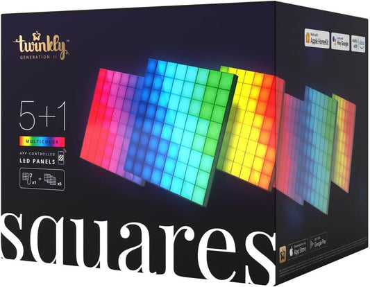 Twinkly Squares Starter Kit – App-controlled LED Panels with 64 RGB (16 million colors) Pixels. Black. 1 Master Tile + 5 Extension Tiles. Indoor Smart Home Lighting Decoration