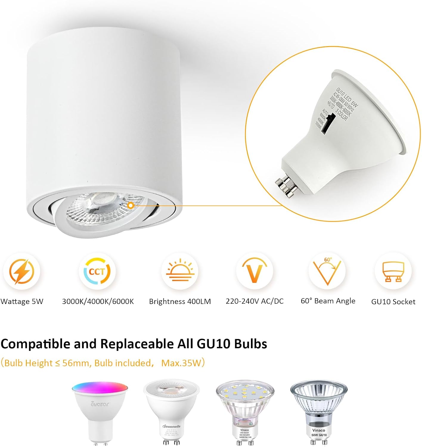 Gleonlux LED Ceiling Spotlight Adjustable White LED Ceiling Spotlights Dimmable 5W GU10 3000K Warm / 4000K Neutral / 6000K Cool Modern Aluminium Indoor LED Spotlight Diameter 80 x 84 mm