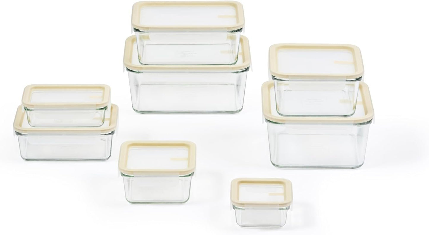 GLASSLOCK Sens 16Pcs Glass Food Storage Set â€“ Airtight & Leakproof, 8 Different Sizes, Anti Slip Lid, Microwave & Oven Safe, Perfect for Meal prep, Lunch Box, Nestable & Stackable, Pantry Storage