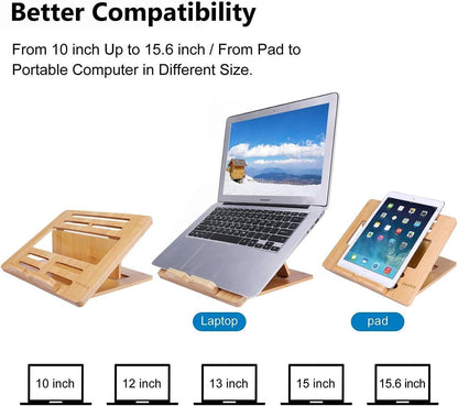 Gocokia Bamboo Fodable Laptop Notebook Riser Stand Desktop Adjustable with 4 Angles Notebook Mount Holder, Folding Laptop Cooler Stand for Macbook,Tablet,Kindle