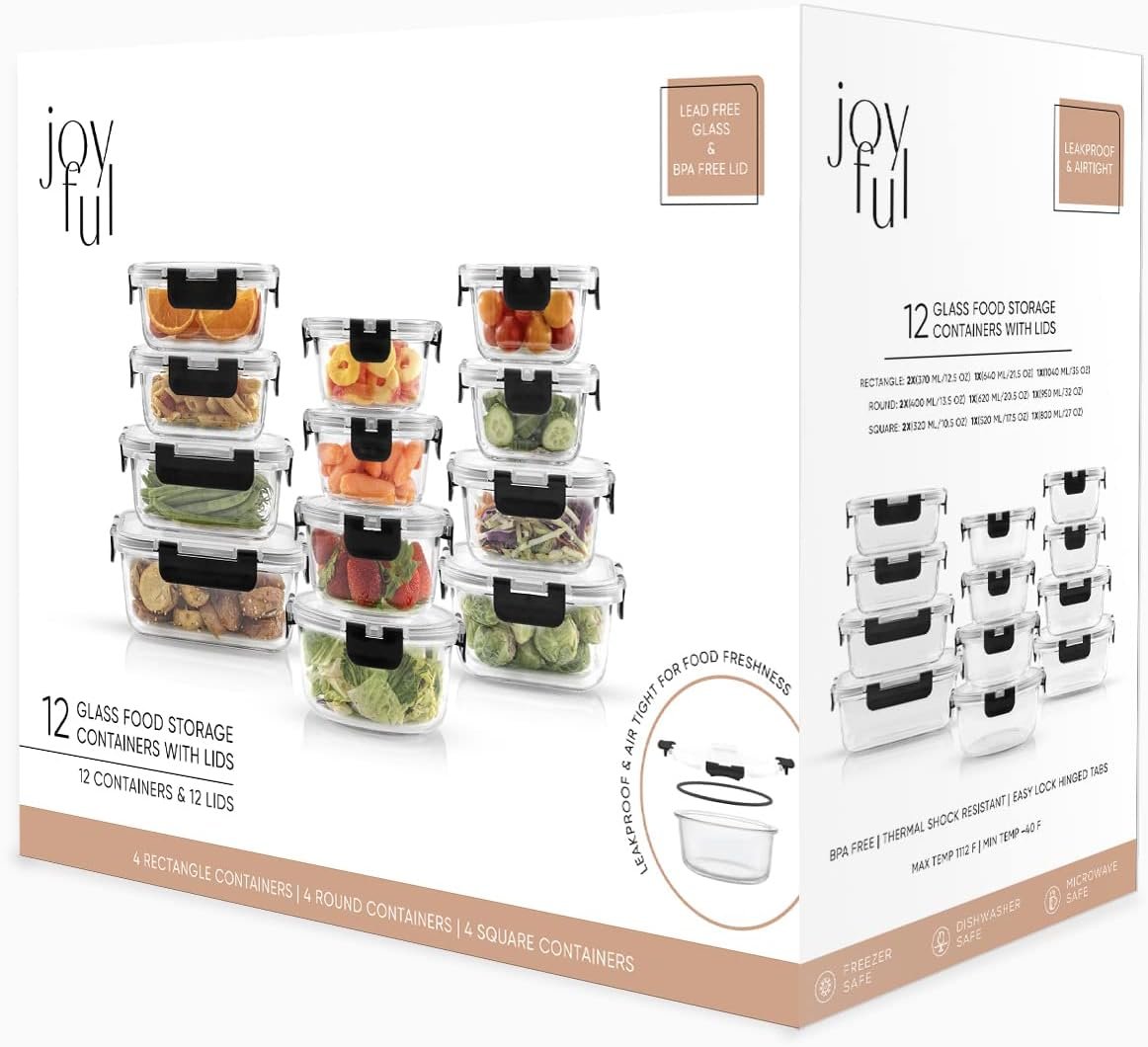 JoyJolt JoyFul 24pc(12 Airtight, Freezer Safe Food Storage Containers and 12 Lids), Pantry Kitchen Storage Containers, Glass Meal Prep Container for Lunch, Glass Storage Containers with Lids