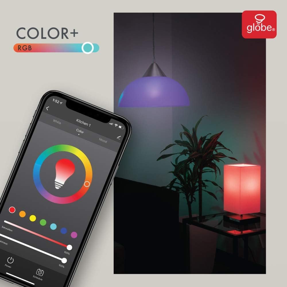 Globe Electric Wi-Fi Smart 10 Watt (60W Equivalent) Multicolor Changing RGB Tunable White Dimmable Frosted Led Light Bulb, No Hub Required, Voice Activated, 2000K - 5000K, A19 Shape, E26 Base 34202