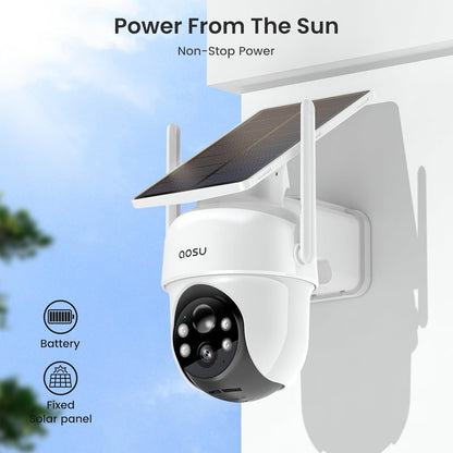 AOSU Security Cameras Outdoor Wireless, 2 Cam-Kit, No Subscription, Solar-Powered, Home Security Cameras System with 360Â° Pan & Tilt, Auto Tracking, 2K Color Night Vision, Easy Setup, 5G & 2.4G WiFi