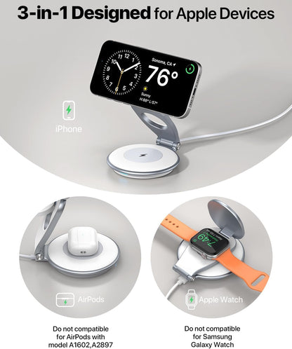 EXW for MagSafe Charger, 3 in 1 Wireless Charging Station for iPhone Charger, 15W Wireless Fast Charger Stand with 30W Adapter for iPhone 16/15/14/13/12 Series, Airpods and Apple Watch Charge (White)