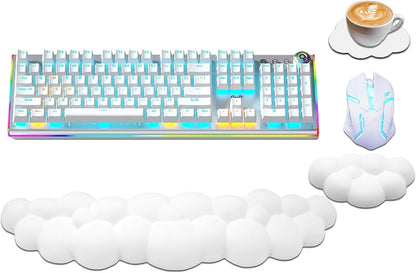 Ergonomic Keyboard Wrist Rest, PU Leather Memory Foam Cloud Wrist Rest for Computer Keyboard, Mouse Wrist Rest and Keyboard Pad for Gaming, Office, Home, Computer, Laptop, Typing Pain Relief, White