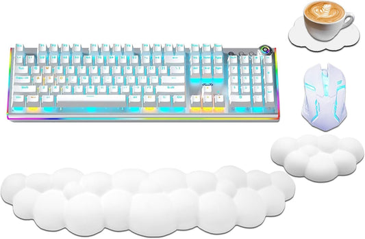 Ergonomic Keyboard Wrist Rest, PU Leather Memory Foam Cloud Wrist Rest for Computer Keyboard, Mouse Wrist Rest and Keyboard Pad for Gaming, Office, Home, Computer, Laptop, Typing Pain Relief, White