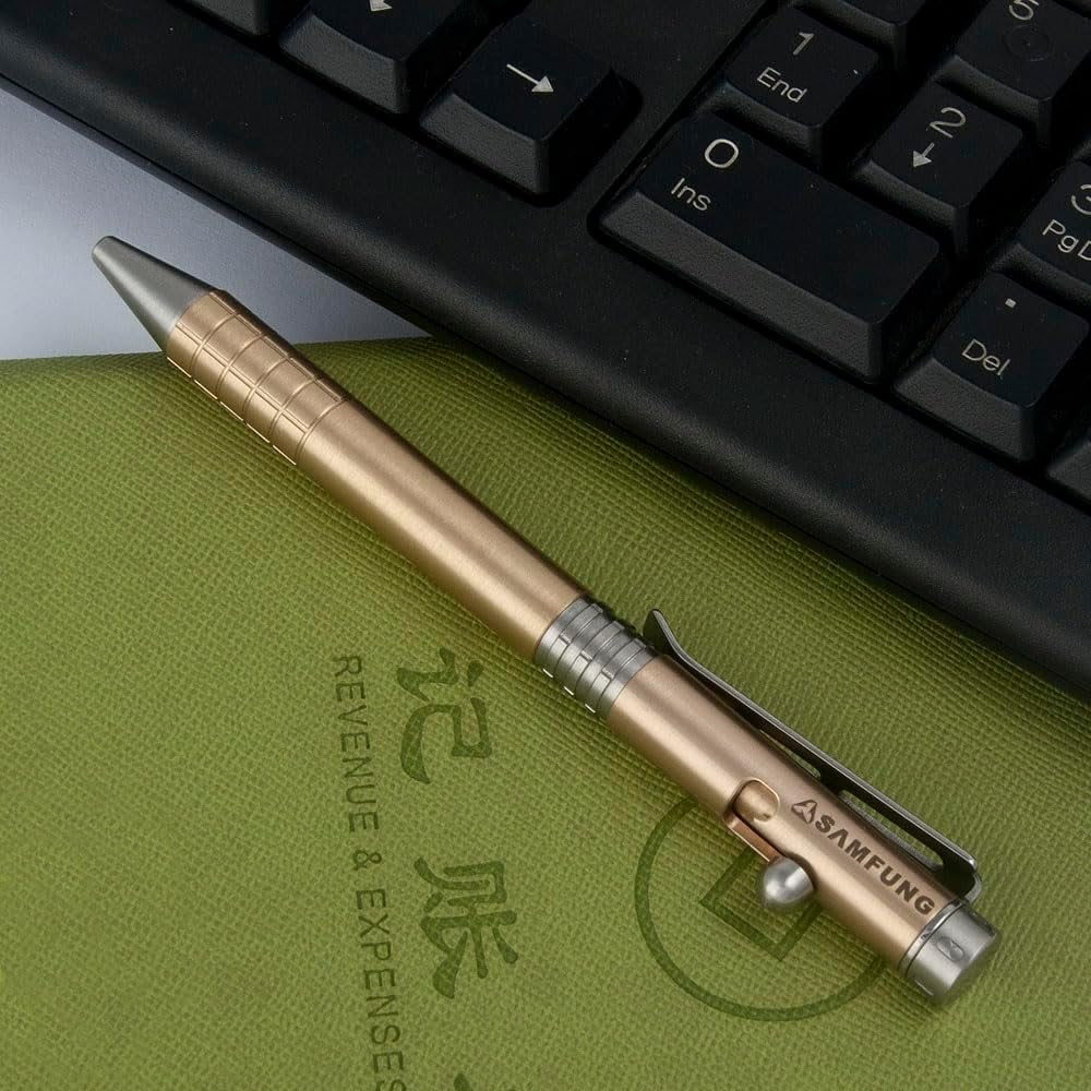 SAMFUNG Stick Ballpoint Pen Solid Brass EDC Pen, Pocket Rollerball Signature Pen with Black Ink Refill for Writing Stationery Gift Office Business