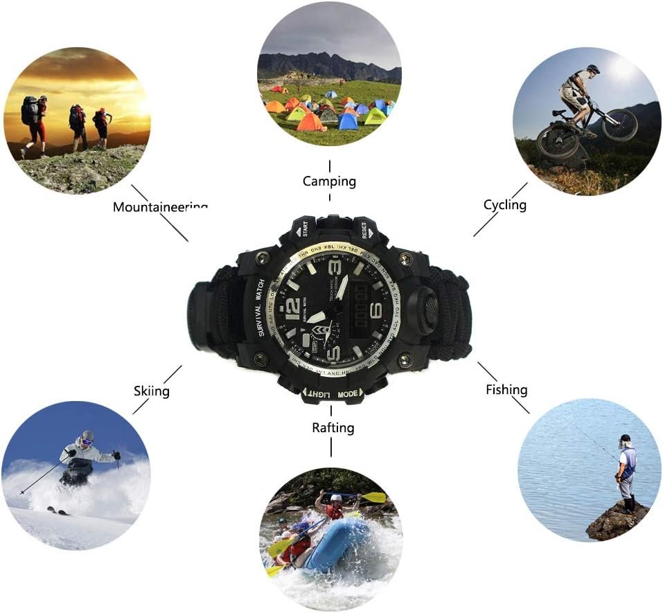 TecHong 6 in 1 Outdoor Survival Bracelet Watch, Emergency Sports Waterproof Wristband First Aid Tools with Paracord, Compass, Thermometer, Whistle, Fire Starter for Camping & Adventure