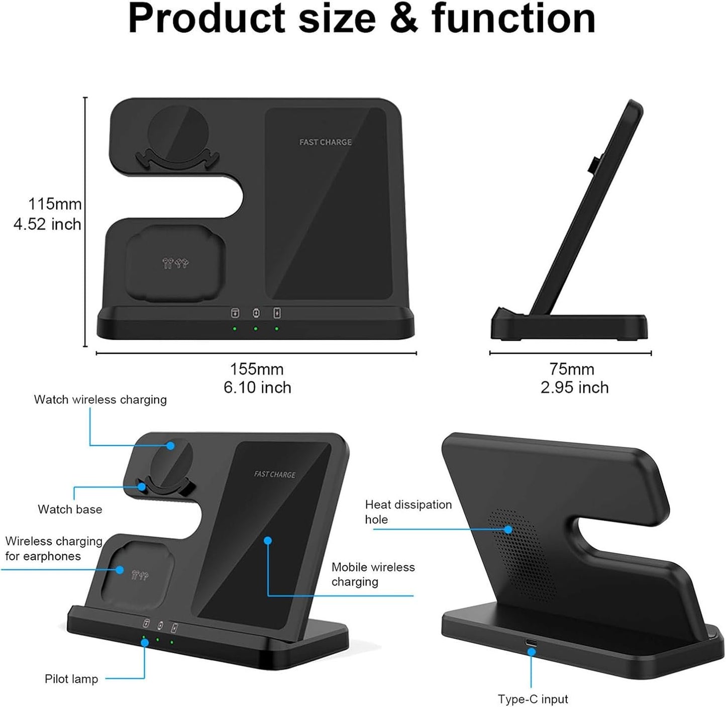 FDGAO 3 in 1 Wireless Charger, 15W Fast Wireless Charging Station Stand for Samsung Galaxy S24/S23/S22/S21/S20/S10,Note 20/10, Galaxy Buds Pro/Live, Galaxy Watch7/6/5 Pro/5/4/3/Active 2, Black
