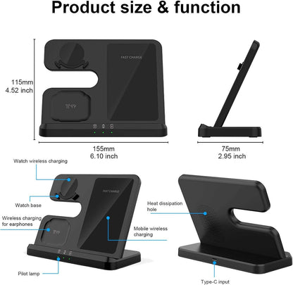 FDGAO 3 in 1 Wireless Charger, 15W Fast Wireless Charging Station Stand for Samsung Galaxy S24/S23/S22/S21/S20/S10,Note 20/10, Galaxy Buds Pro/Live, Galaxy Watch7/6/5 Pro/5/4/3/Active 2, Black