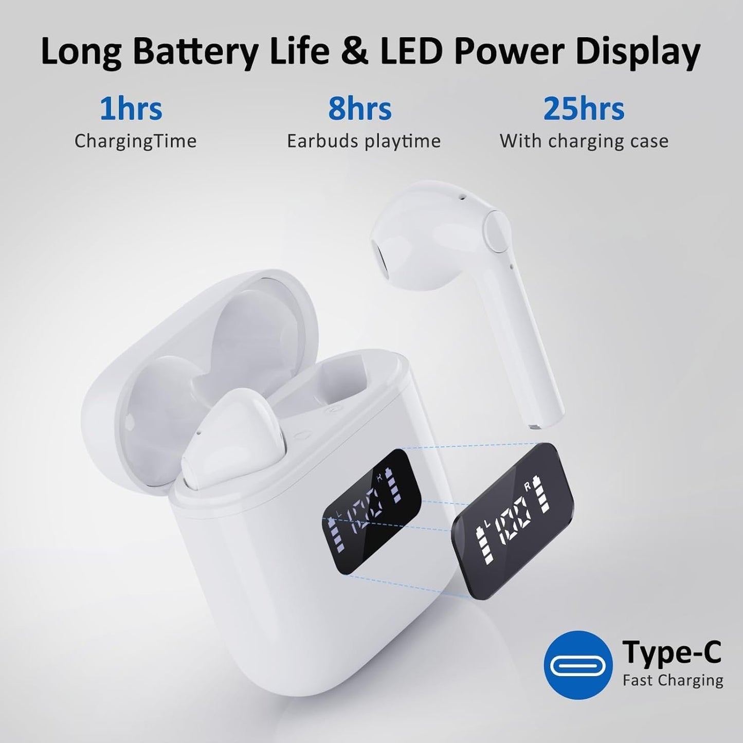 Wireless Earbuds Bluetooth 5.3 Hi Fi Stereo Noise Canceling in - Ear Headphones, Charging Case with Led Power Display, Touch Control, Waterproof,Compatible with Multiple Devices & for Sports