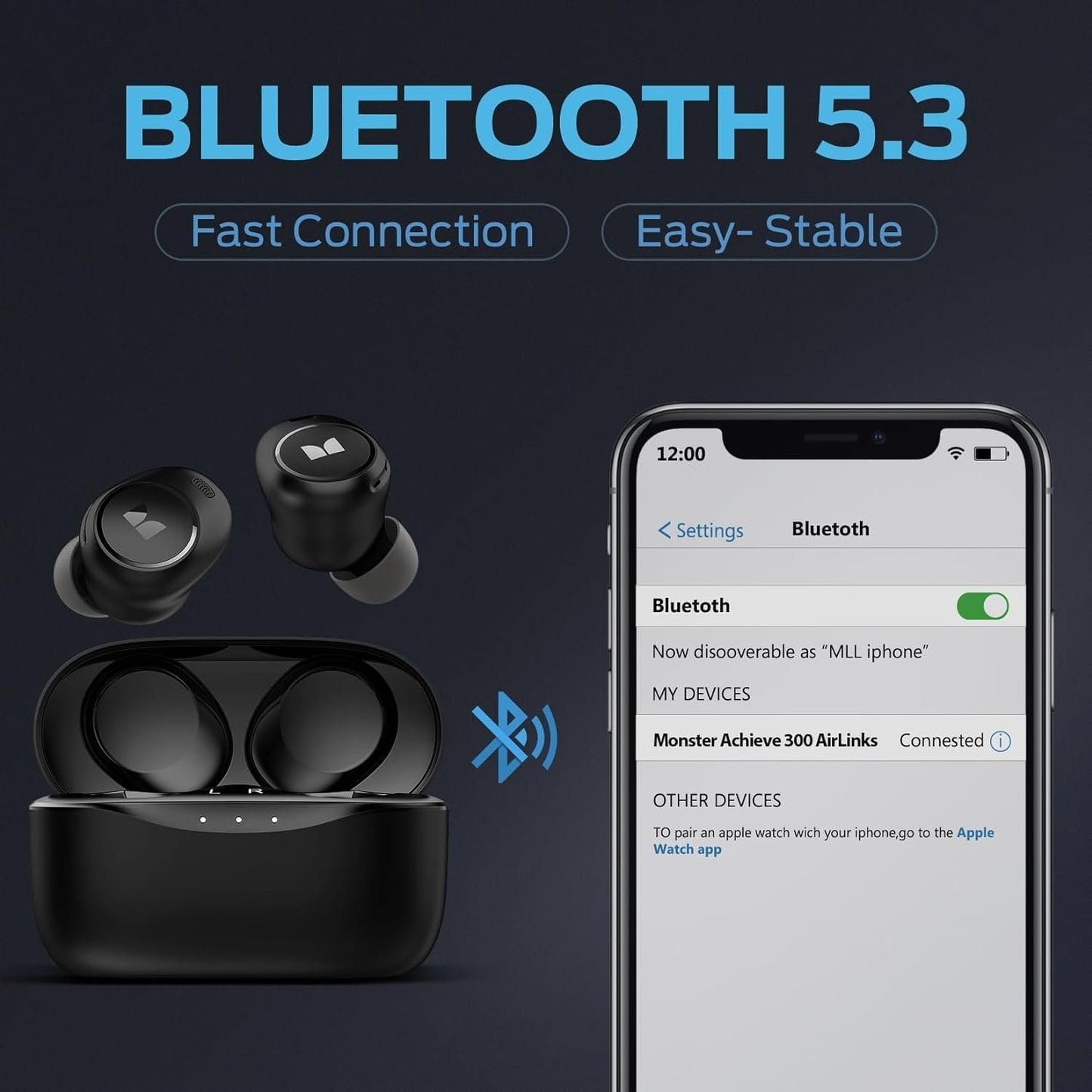 Monster Wireless Earbuds, Bluetooth 5.3 Headphones, Type-C Charging, HD Clear Call, Touch Control, IPX6 Waterproof, in-Ear Design, USB-C Fast Charging, 32H Playtime, Black